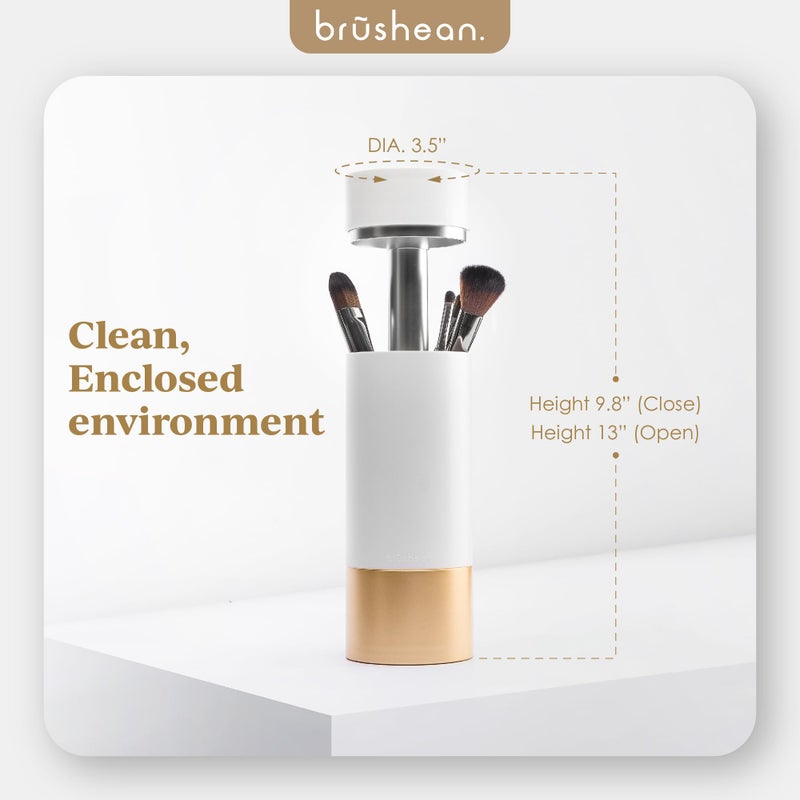Brushean UVC Sanitizer with Ozone, Makeup Brush Holder, One Touch for Open, Dustproof Make Up Supplies Organized Storage, Stylish and Durable Design (Standard, White/Rose Gold) - Image 3